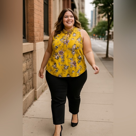 torrid Tops - Torrid Yellow Floral Ruffle Neck Sleeveless Blouse 2X